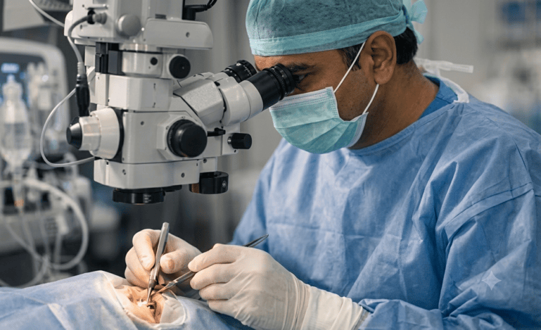 Ophthalmologist examining a cataract patient