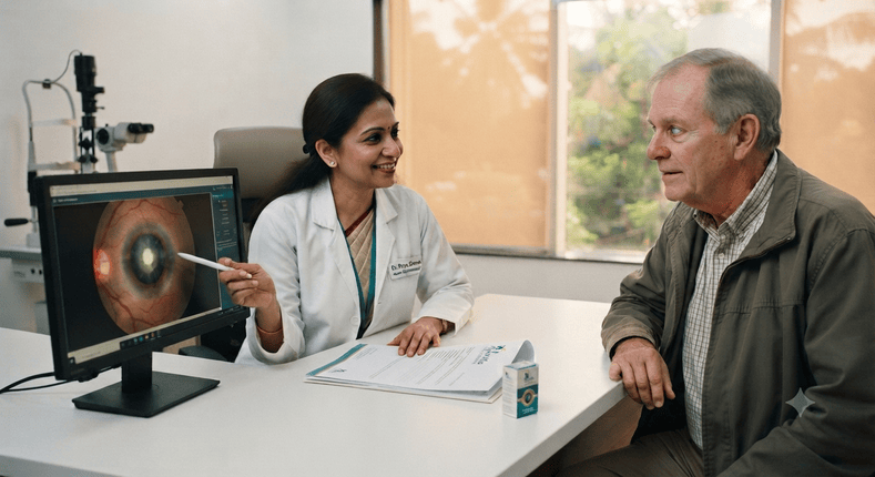 Doctor providing eye care to an international patient in India
